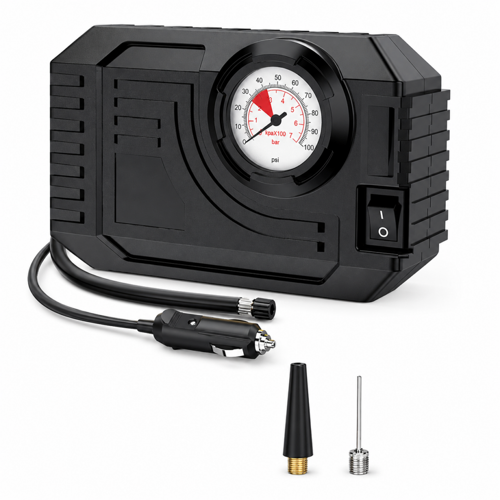 Mini Portable Car Air Compressor — Analog Tire Pressure Gauge & Car Tire Inflator Pump
